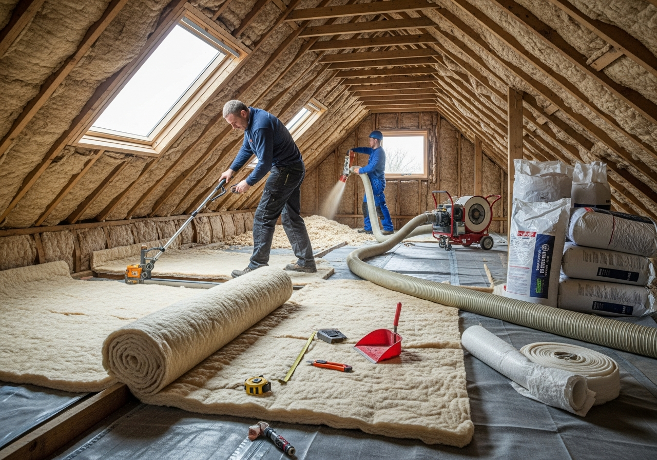 Overview of loft insulation work in progress at a British residential property
