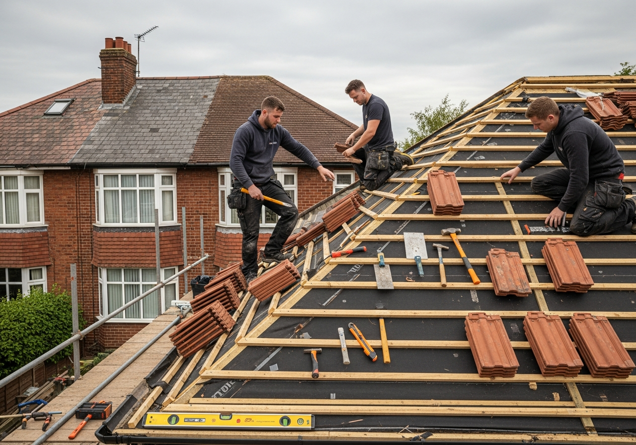 Overview of roof & ventilation work in progress at a British residential property