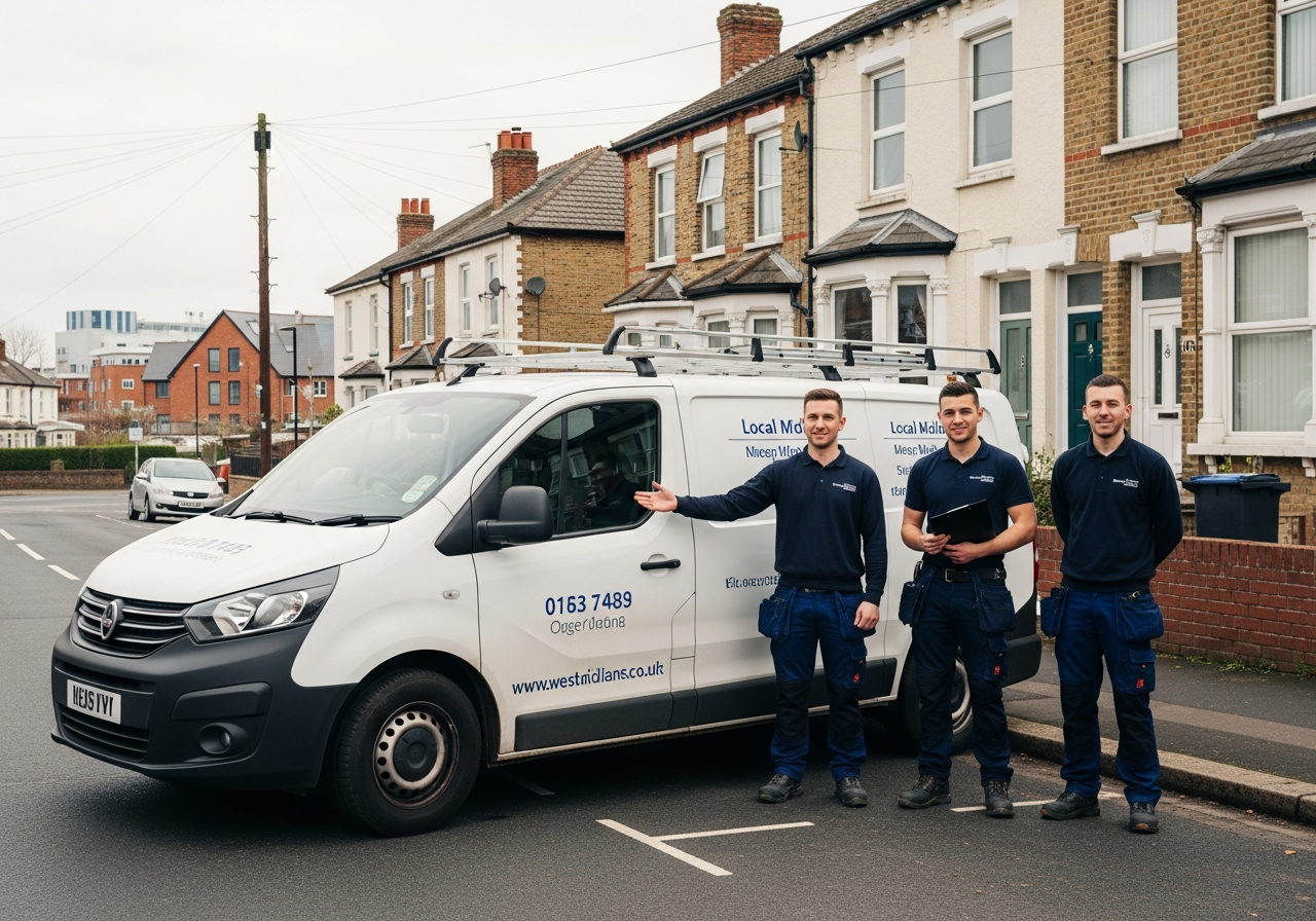 Team with branded work van outside a British home in Leeds