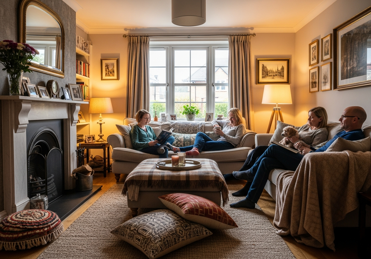 Family relaxing comfortably in a well-maintained British home — the result of professional contractor work